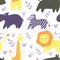 Childish seamless pattern with hand drawn animals. Trendy scandinavian vector background. Perfect for kids apparel