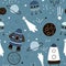 Childish seamless pattern with hand drawn space elements space, rocket, star, planet, space probe. Trendy kids vector background