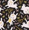 Childish seamless pattern with rabbits, butterflies and lawn.