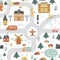 Childish seamless pattern with road, houses, cars, trees, and animals
