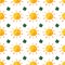 Childish seamless pattern with suns and clovers. Cute smiling sun clover. Good Luck. Green leaves. St.Patrick `s Day. Hand painted