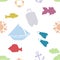 Childish seamless pattern with train, ship, steamer, plane, cloud, and Sun. Pastel colors