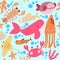 Childish seamless pattern with whales, fishes, seaweed. Creative undersea background