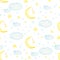 Childish style digital paper watercolor half moon, star, cloud seamless pattern for kids wear. Hand drawn illustration