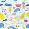 Childish Summer Beach Vacation Seamless Pattern with Kids, Fish and Bird. Cute Background for Fabric, Decor, Wallpaper