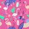 Childish Summer Seamless Pattern with Flamingo and Tropical Plants. Exotic Background for Fabric Textile, Wallpaper