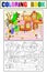 Childlike color vector story scene with pair of children eating some sweets near colorful cottage in deep forest