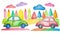 Childlike Drawing of Cars, House, Tree, Sun Illustration, Colorful Chalk  on White Background