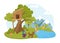 Children activity at tree house, summer nature vector illustration. Boy girl character in cartoon happy childhood at