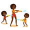 Children Africans or African Americans in swimsuits play water battle with mom in cartoon style.