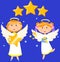 Children in angel costumeswith with stars fly in sky. Small spiritual beings, divine creatures