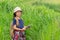 Children asian girl holding maps and travel backpacks walking in the green forest.