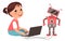 Children assemble robot. Girl with robotic toy and laptop. Kid programming artificial intelligence. Baby creating