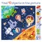 Children astronauts near space station and moon. Find 10 objects. Game for children. Cartoon character vector