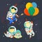 Children astronauts wearing space suits and party hats floating in outer space. Birthday party in cosmic style.