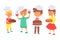 Children bake bread, useful hobby set vector illustration. Characters boys, girls in cook hats hold their dishes, bread.