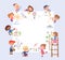 Children banner. Drawing kids, girl painting wall. Cartoon child draw picture, creative preschool toddler together