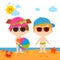 Children at the beach with hats and sunglasses. Vector illustration.