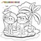 Children at the beach on an island. Vector black and white coloring page.