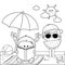 Children at the beach under a beach umbrella. Vector black and white coloring page.