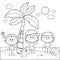 Children at the beach under a palm tree. Vector black and white coloring page.