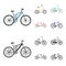 Children bicycle, a double tandem and other types.Different bicycles set collection icons in cartoon,black style vector
