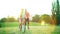 Children in bicycle helmet go on hill walk bike