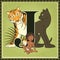 Children book cartoon fairytale alphabet. Letter J. Mowgli, Bagheera and Shere Khan. The Jungle Book by Rudyard Kipling