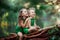 Children a boy and a girl in the forest near a fabulous green lake sitting on a fallen tree