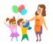 Children, boy and girl give their mother flowers and balloons. Birthday, women`s day or mother`s day. Vector