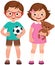 Children boy and girl holding toy teddy bear and soccer ball