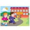 Children, boy and girl joyfully with backpacks run autumn to school, cartoon illustration, vector