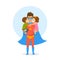 Children boy and girl kissing hugging congratulating dad dressed as superhero with happy fathers day.