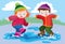 Children, boy and girl, play in the street in autumn and have fun jumping in a puddle of water, cartoon illustration, vector