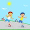 Children,boy and girl rollerblading