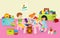 Children boy and girls crafting in kindergaten or art class vector illustration. Happy and creative kids crafting flags