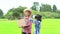 Children boy holding laptop and kids girl wearing virtual reality glasses