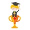 Children Boy Wearing Graduation Suit Sitting With On Huge Golden Trophy Represent To Success Education Vector