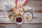 Children breakfast with Cheesecake with cranberries and sugar