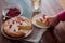 Children breakfast with Cheesecake with cranberries and sugar