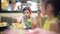 Children, brother and sister eating sandwiches in the cafe. french fries. family breakfast