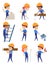 Children builders. Little working characters in yellow helmet for building professional construct vector cartoon