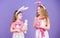 Children bunny costume. Playful girls sisters celebrate easter. Spring holiday. Happy childhood. Easter day. Easter