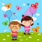 Children with butterfly nets catching butterflies. Boy and girl catch butterfly in spring nature. Vector illustration