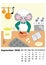 Children calendar 2020 for September, with main hero rat or mouse, a symbol of the new year. The week starts on Monday. Cartoon