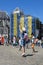 Children catch soap bubbles in the central Dam Square in Amsterdam