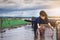 Children catching fish and have fun in the canal. Life style of children