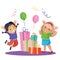 Children celebrate a happy holiday and they were presented with many large boxes with gifts, isolated object on a white