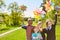 Children celebrate their birthday with colorful pinwheels