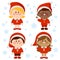 Children celebrating Christmas season holidays. Diverse group of kids in Christmas Santa Claus costumes. Vector illustration